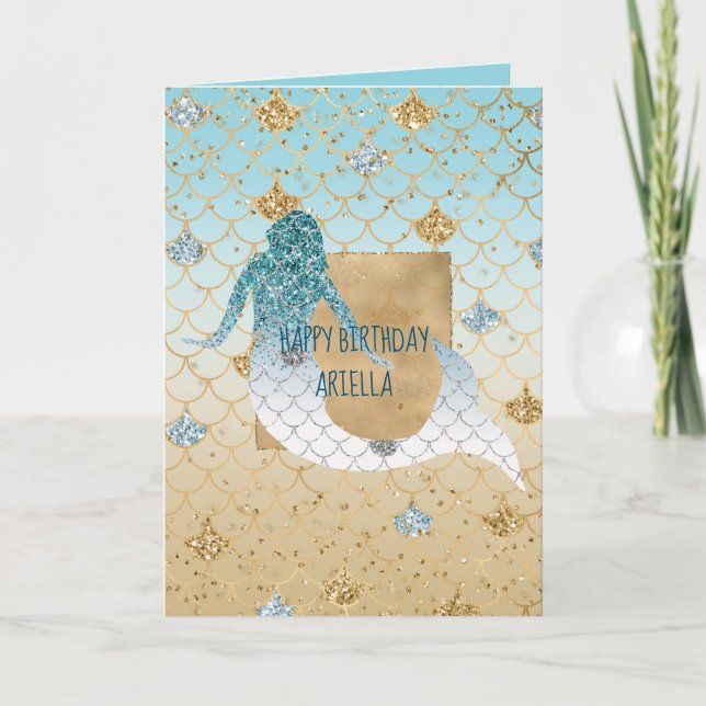 Glitzy Aqua Mermaid Blue Gold Sparkle Glitter      Card (Front)