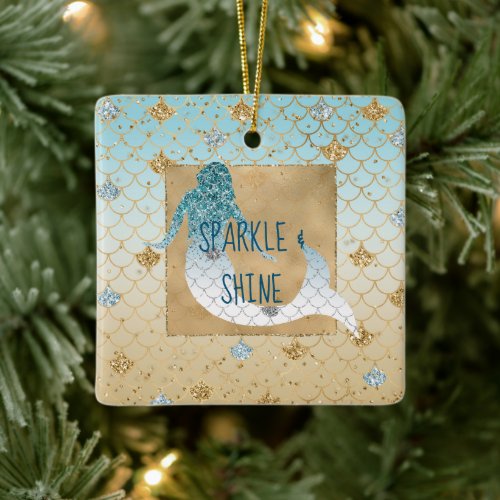 Glitzy Aqua Mermaid Blue Gold Sparkle Glitter      Ceramic Ornament