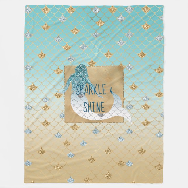 Glitzy Aqua Mermaid Blue Gold Sparkle Glitter   Fleece Blanket (Front)