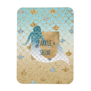 Glitzy Aqua Mermaid Blue Gold Sparkle Glitter Magnet