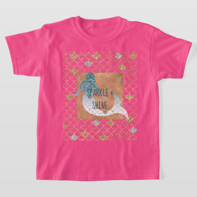 Glitzy Aqua Mermaid Blue Gold Sparkle Glitter      T-Shirt (Laydown)
