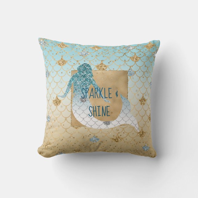 Glitzy Aqua Mermaid Blue Gold Sparkle Glitter      Throw Pillow (Front)