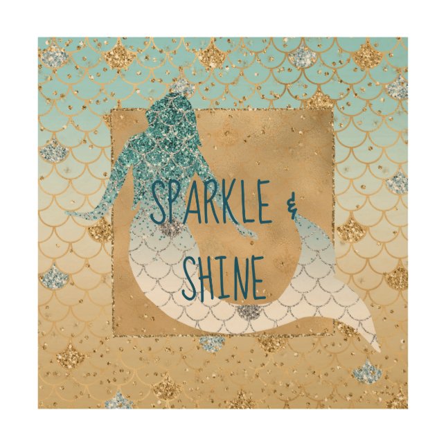 Glitzy Aqua Mermaid Blue Gold Sparkle Glitter      Wood Wall Art (Front)