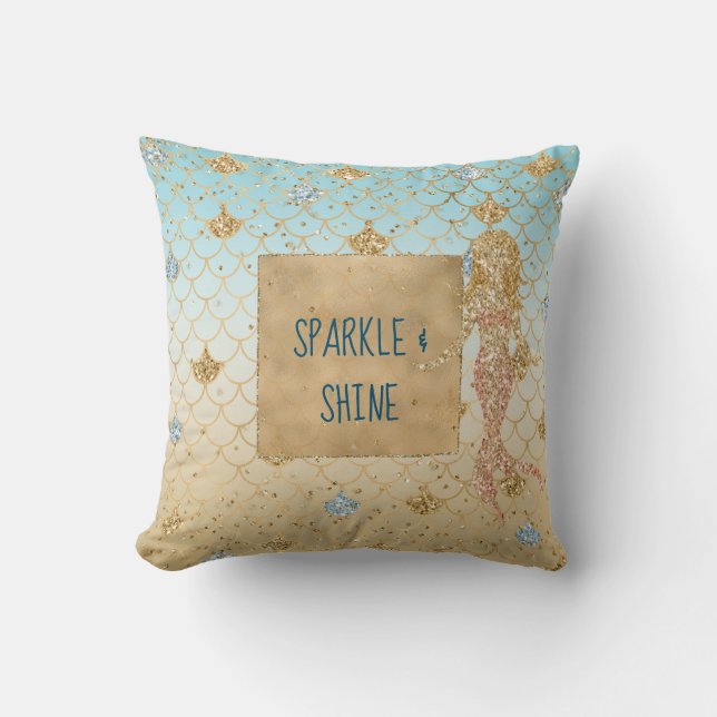Glitzy Aqua Mermaid Blush Gold Glitter         Throw Pillow (Front)