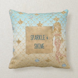 Glitzy Aqua Mermaid Blush Gold Glitter         Throw Pillow