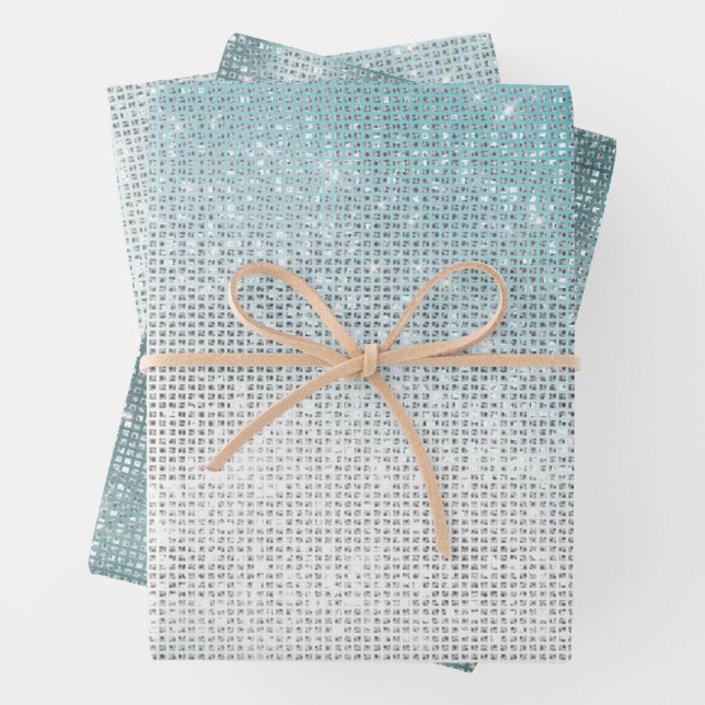 Glitzy Aqua Ombre Sparkle Wrapping Paper Sheets (In situ)