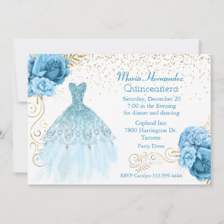 Glitzy Aquamarine and Gold Gown Quinceañera Invitation