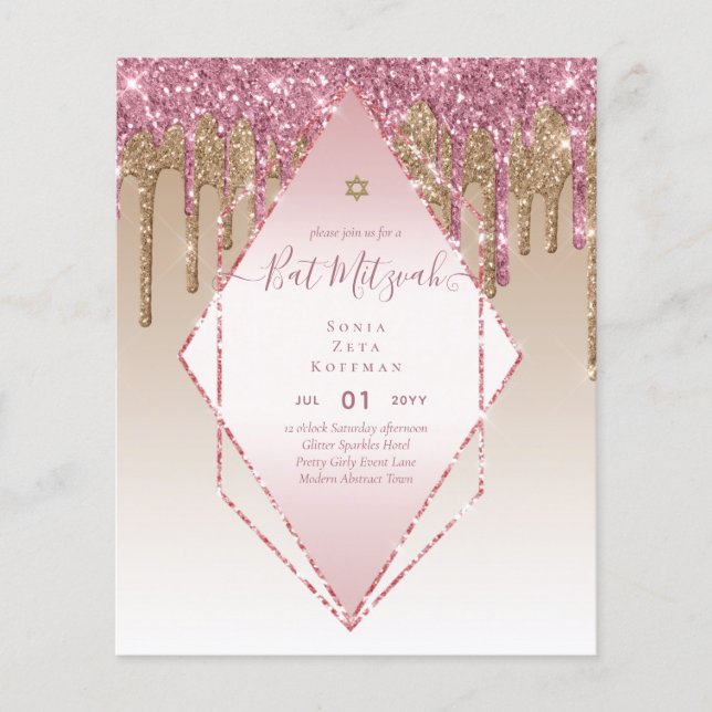 Glitzy BAT MITZVAH Invites Glitter Sparkles Modern Flyer (Front)