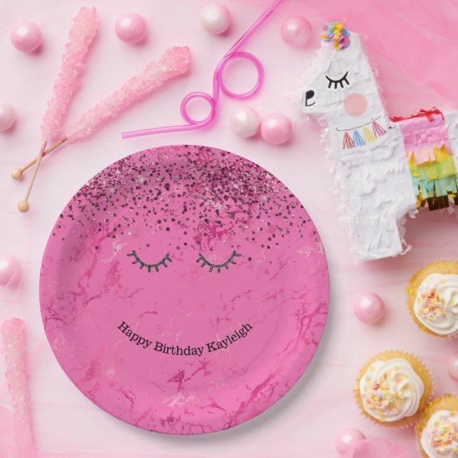 Glitzy Black Eyelashes Pink Glitter Birthday Paper Plates (Party)