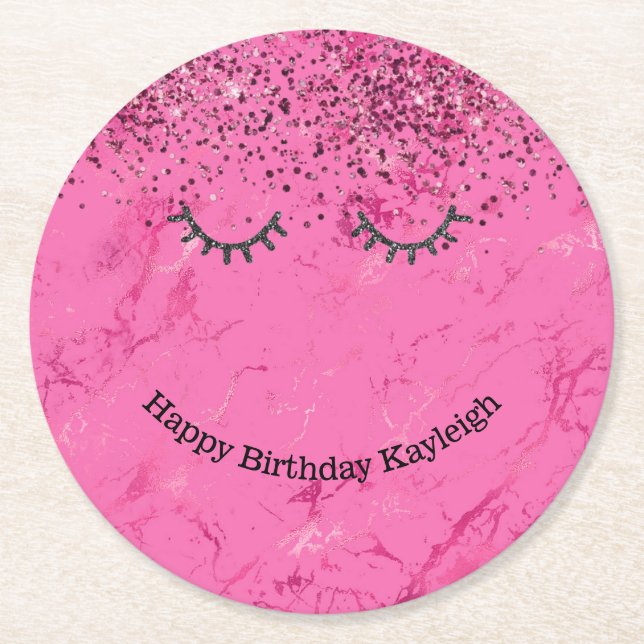 Glitzy Black Eyelashes Pink Glitter Birthday Round Paper Coaster (Front)