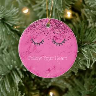 Glitzy Black Eyelashes Pink Marble Glitter Ceramic Ornament