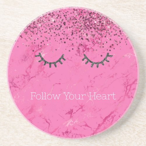 Glitzy Black Eyelashes Pink Marble Glitter Coaster