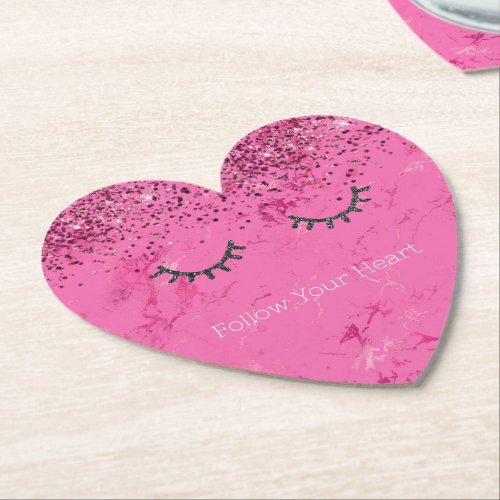 Glitzy Black Eyelashes Pink Marble Glitter Paper Coaster