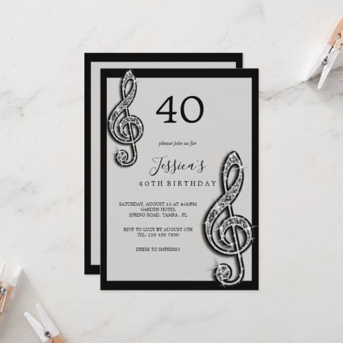 Glitzy Black Music Notes Birthday Invitation