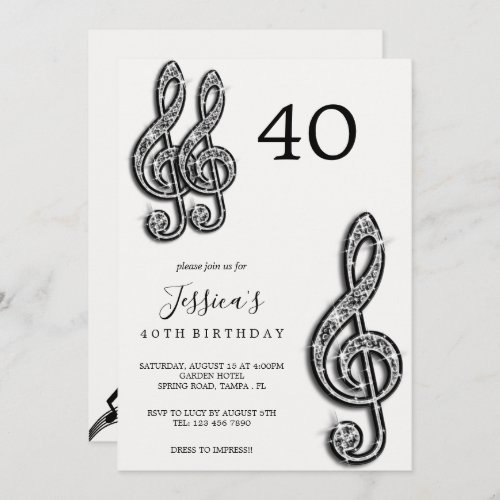 Glitzy Black Music Notes Birthday Invitation