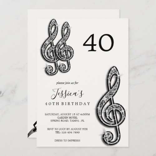 Glitzy Black Music Notes Birthday Invitation