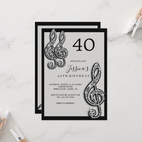 Glitzy Black Music Notes Birthday Invitation