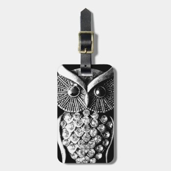 Glitzy Black Owl Design With Address Details Luggage Tag by RetroZone at Zazzle