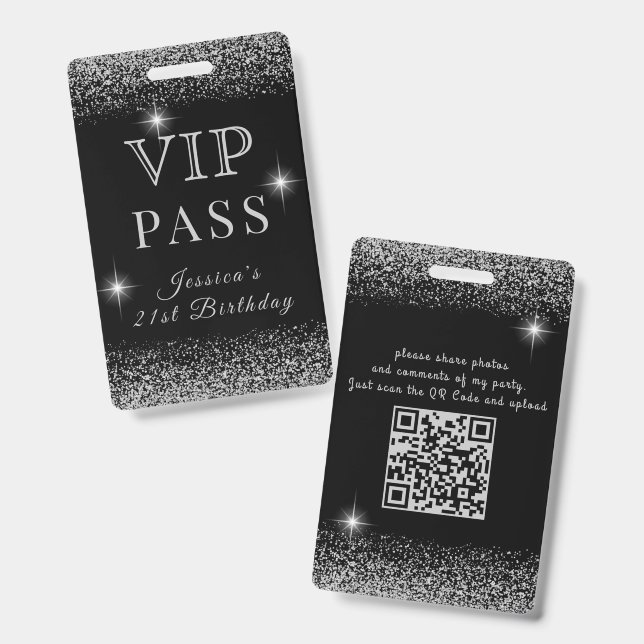 Glitzy Black & Silver Sparkly VIP Birthday Pass Badge (Front & Back)