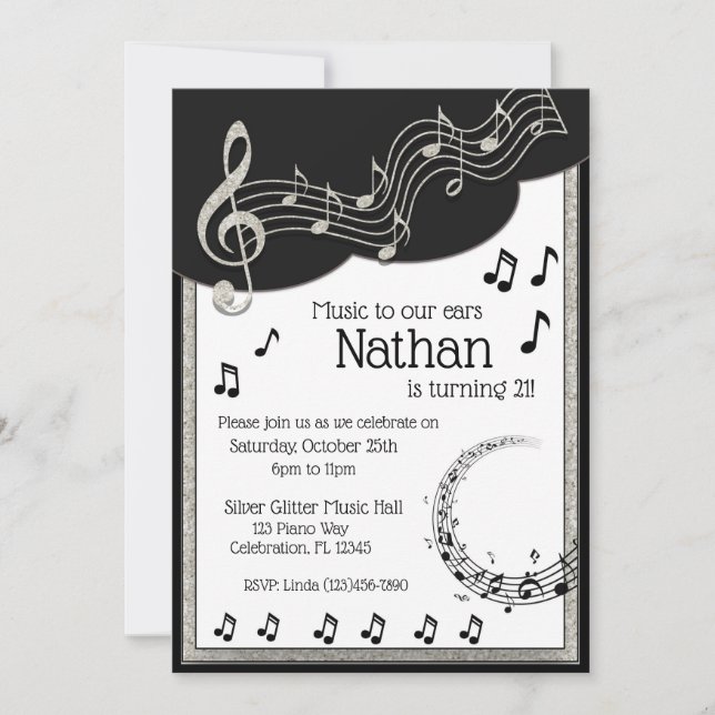Glitzy Black & White Musical Notes Birthday Invitation (Front)