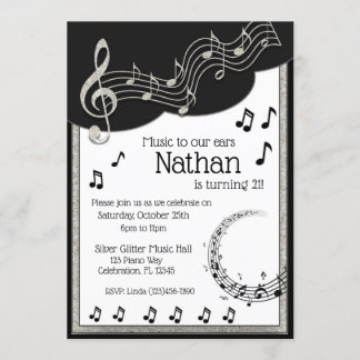 Glitzy Black & White Musical Notes Birthday Invitation