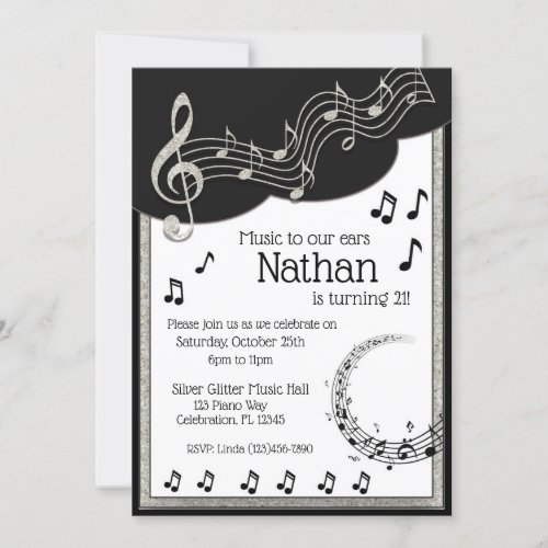 Glitzy Black  White Musical Notes Birthday Invitation