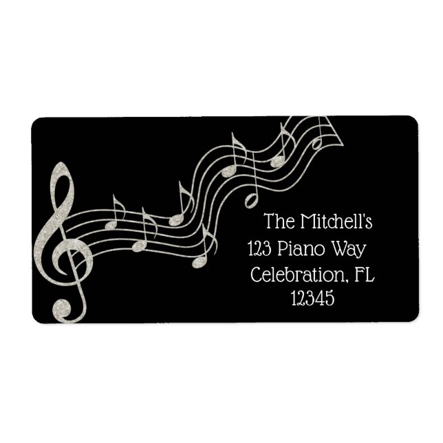 Glitzy Black & White Musical Notes Birthday  Label (Front)