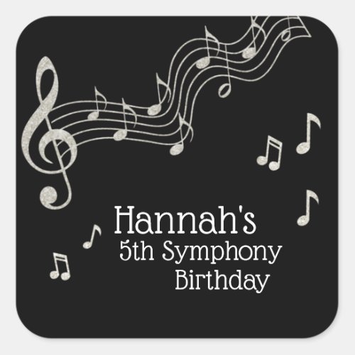 Glitzy Black  White Musical Notes Birthday  Square Sticker