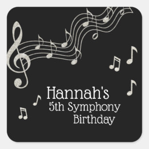 Glitzy Black & White Musical Notes Birthday  Square Sticker