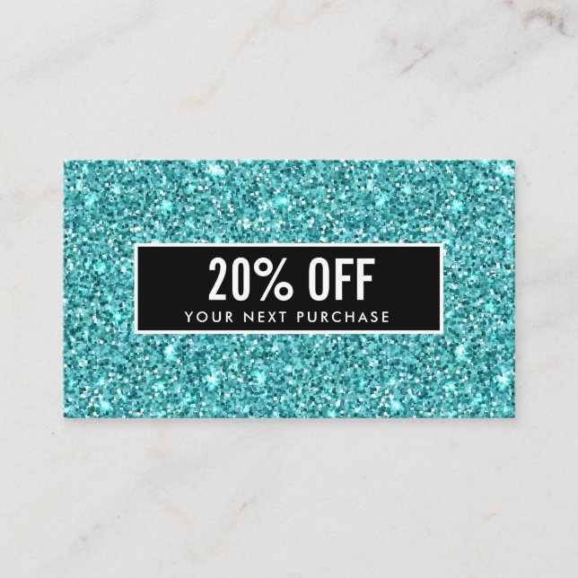Glitzy Blue Glitter Feminine Black Coupon Card (Front)