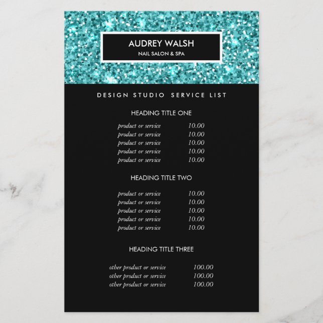 Glitzy Blue Glitter Salon Pricing & Services Flyer (Front)
