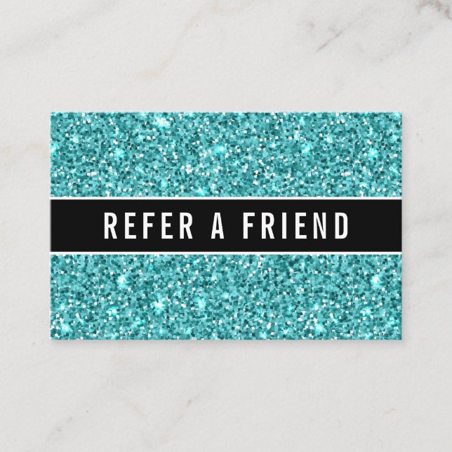 Glitzy Blue Glitter Salon Referral Customer Business Card (Front)