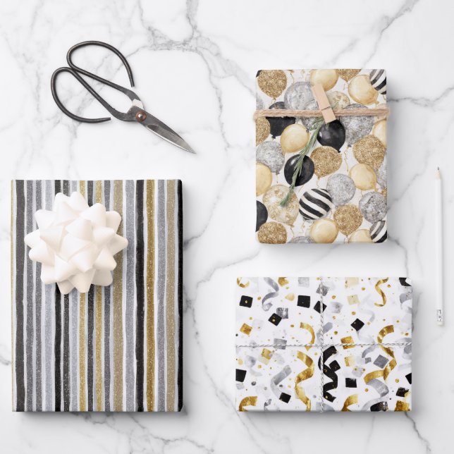 Glitzy Blue Gold Black Silver Christmas Confetti Wrapping Paper Sheets (Front)