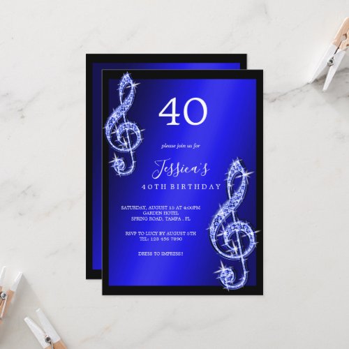 Glitzy Blue Music Notes Birthday Invitation