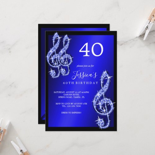 Glitzy Blue Music Notes Birthday Invitation