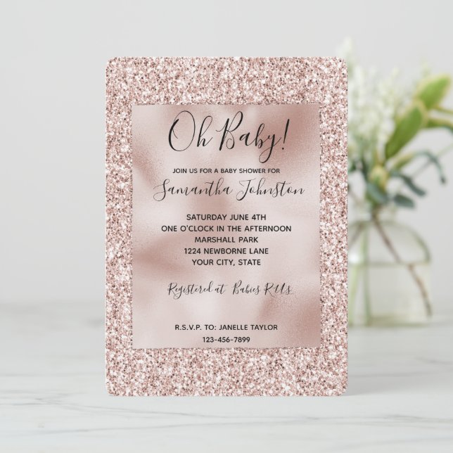 Glitzy Blush Pink Glitter Baby Shower Invitation (Standing Front)