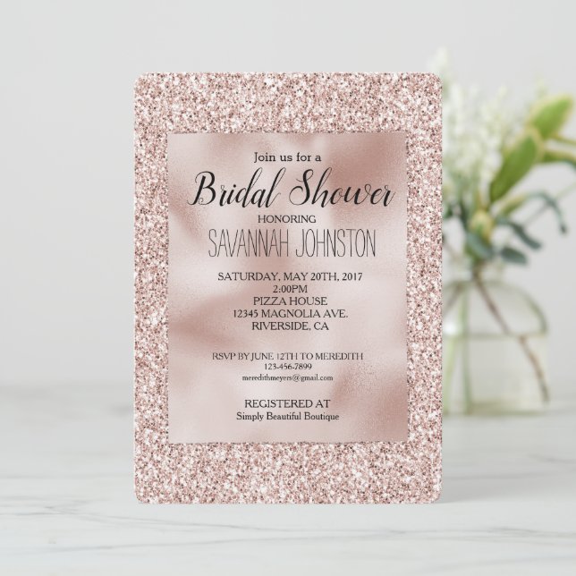 Glitzy Blush Pink Glitter Bridal Shower Invitation (Standing Front)