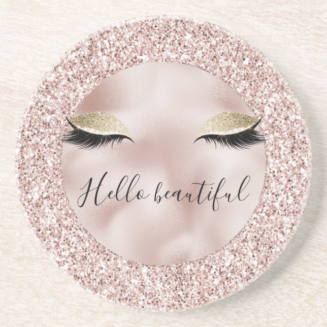 Glitzy Blush Pink Glitter Gold Eyelashes Coaster (Front)