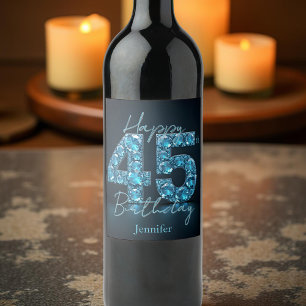 Glitzy Chic Sapphire Blue and Black 45th Birthday Wine Label