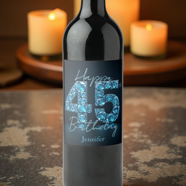 Glitzy Chic Sapphire Blue and Black 45th Birthday Wine Label (Creator Uploaded)