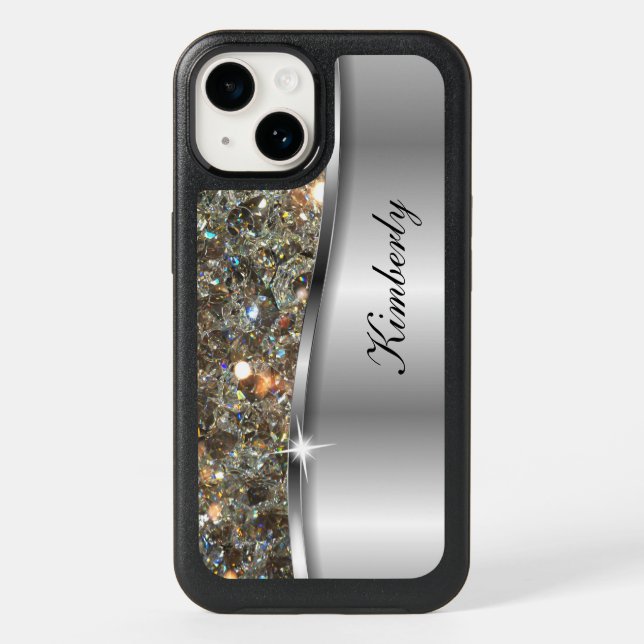 Glitzy Cool Monogram Silver Metallic Look Otterbox iPhone Case (Back)