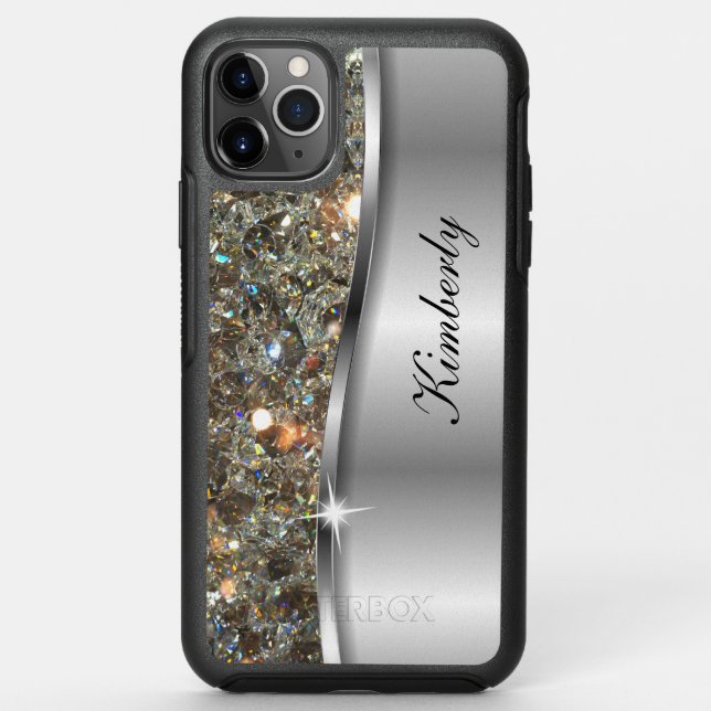 Glitzy Cool Monogram Silver Metallic Look Otterbox iPhone Case (Back)