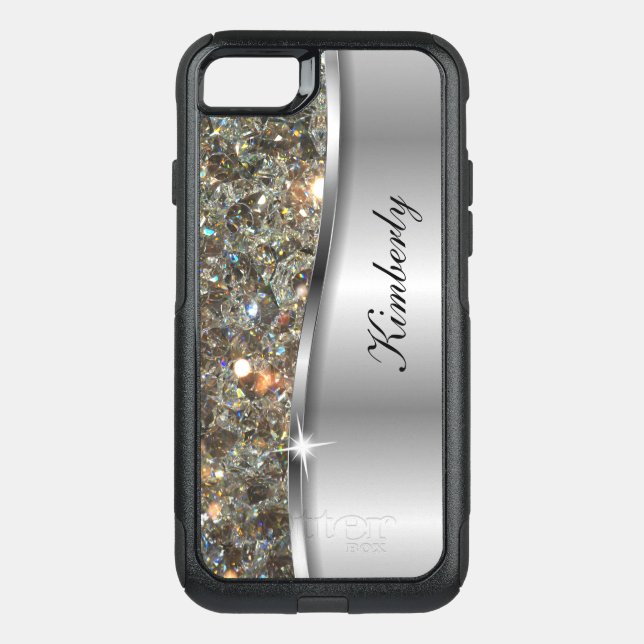 Glitzy Cool Monogram Silver Metallic Look Otterbox iPhone Case (Back)