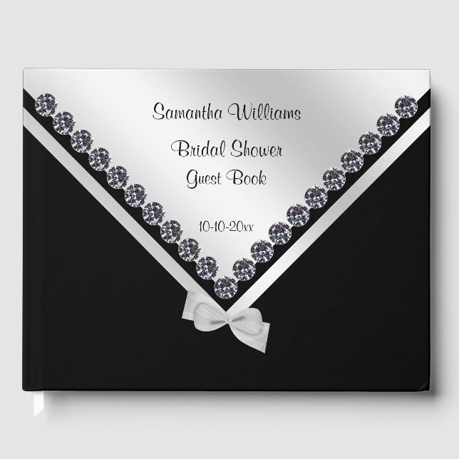 Glitzy Diamonds & Silver Bow Bridal Shower Guest Book (Front)