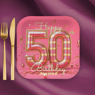 Glitzy Elegant Striped Pink & Gold 50th Birthday  Paper Plates
