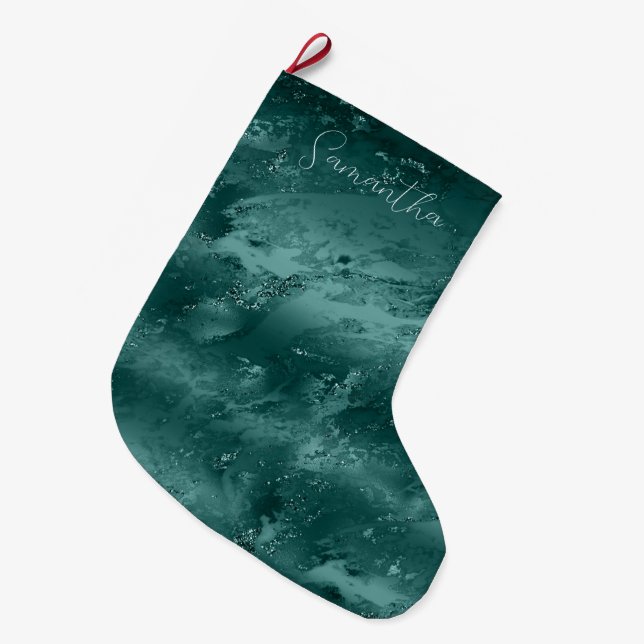 Glitzy Emerald Green Ombre Marble Personalized Large Christmas Stocking (Front (Hanging))