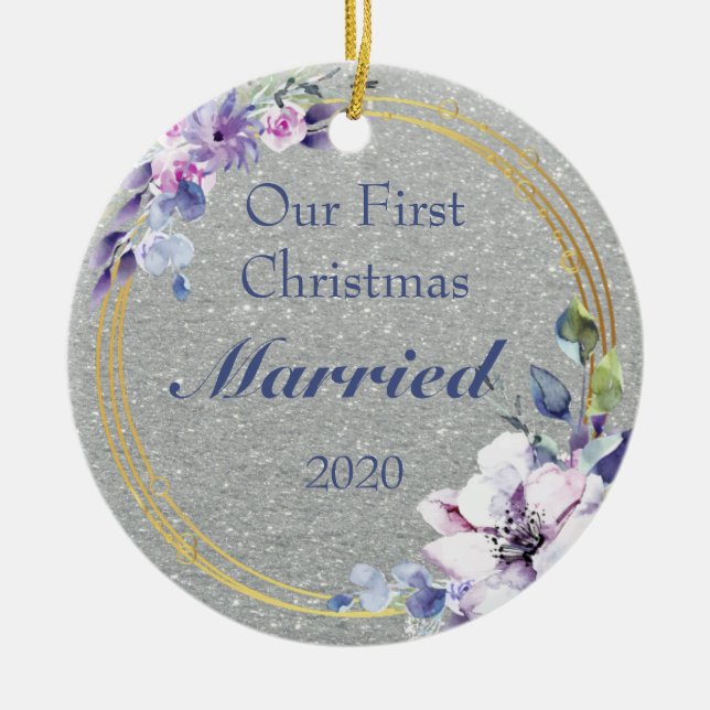 Glitzy First Christmas Married Ceramic Ornament (Front)