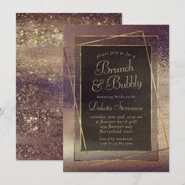 Glitzy Foil | Golden Bronze Copper Bubbly Brunch Invitation (Front/Back)