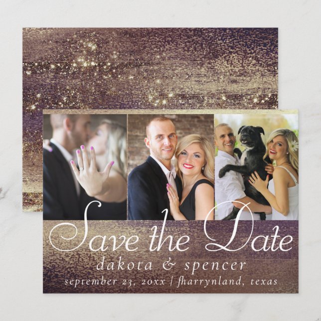 Glitzy Foil | Golden Bronze Copper Glam 3 Photo Save The Date (Front/Back)