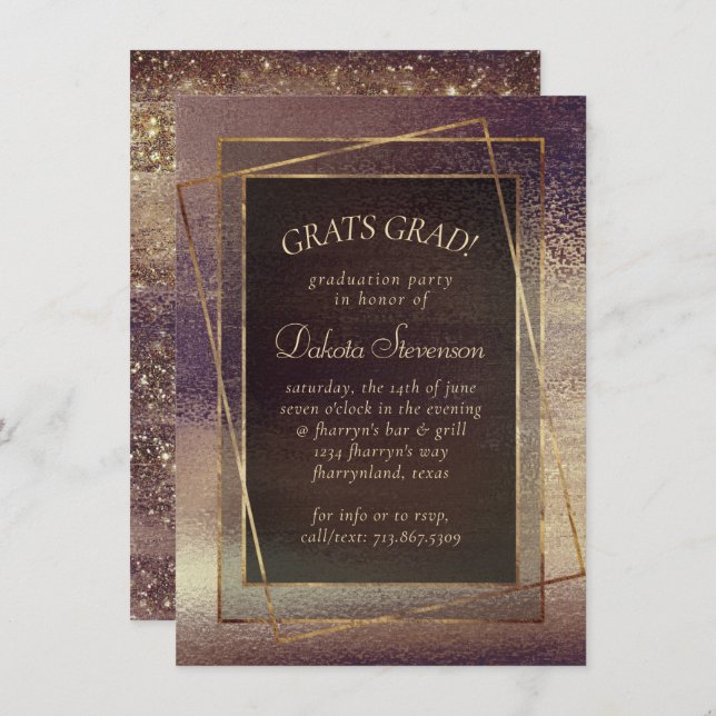 Glitzy Foil | Golden Bronze Copper Glam Graduation Invitation (Front/Back)